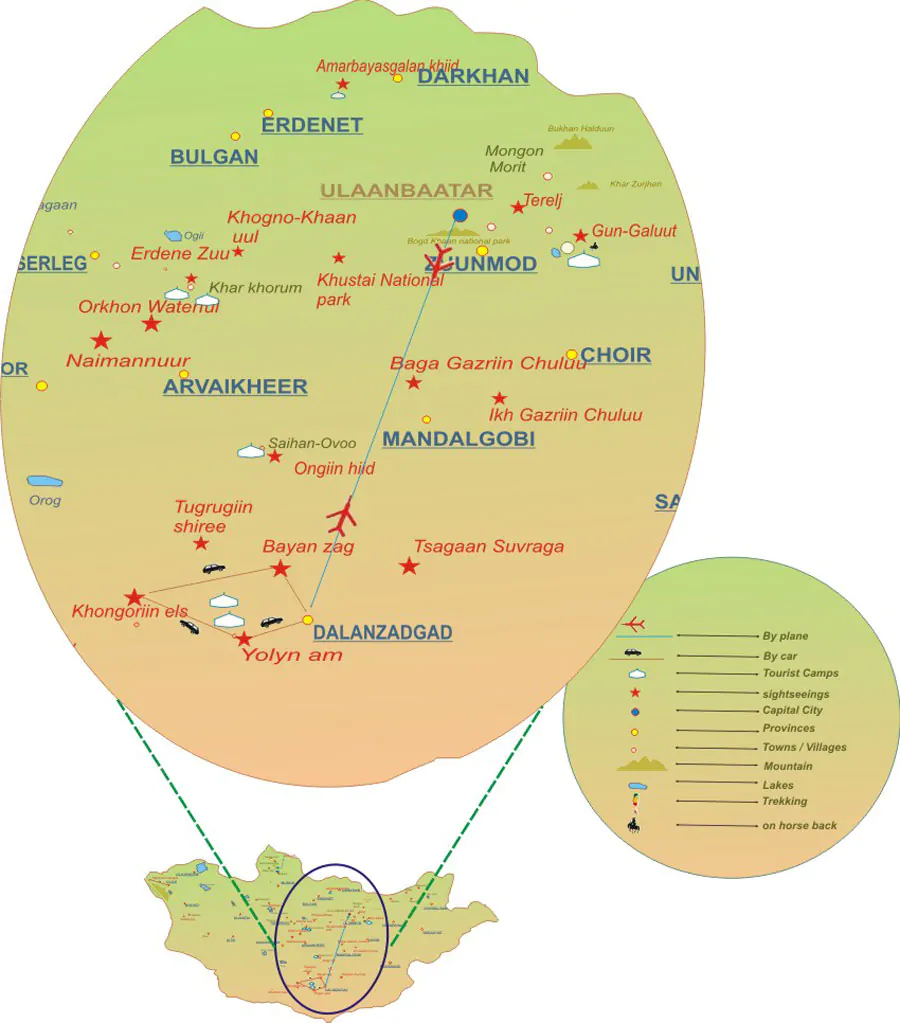 Naadam festival and gobi desert tour map  | tour map Mongolia Naadam festival & Gobi desert tour