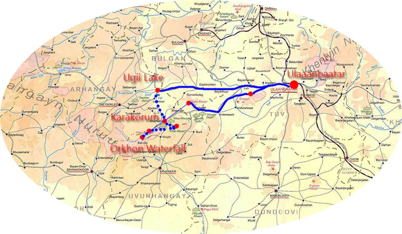 Orkhon Valley  horseback trekking map | Mongolia