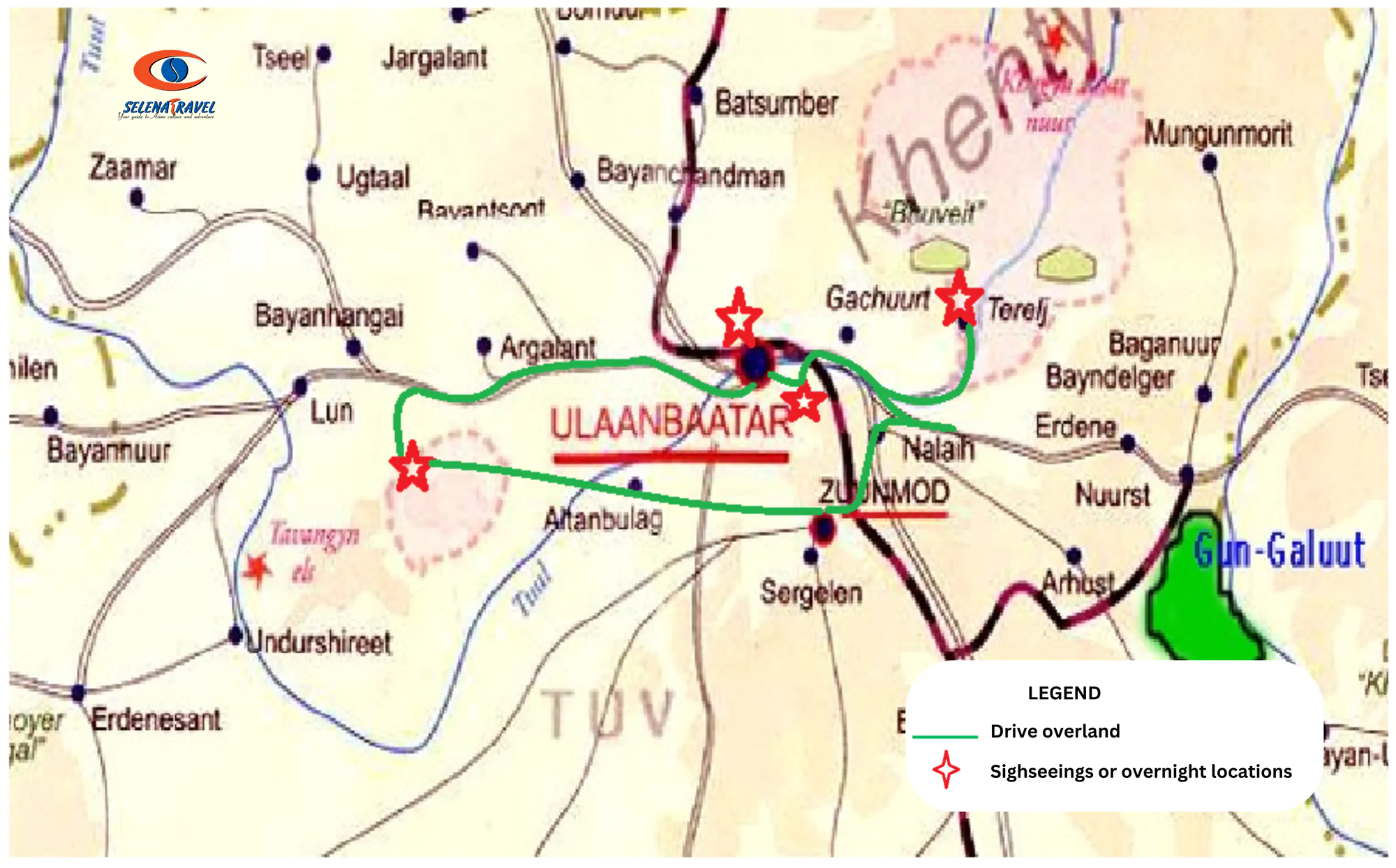 Mongolia Winter Tour map: Explore Terelj National Park & Ski in 5 Days