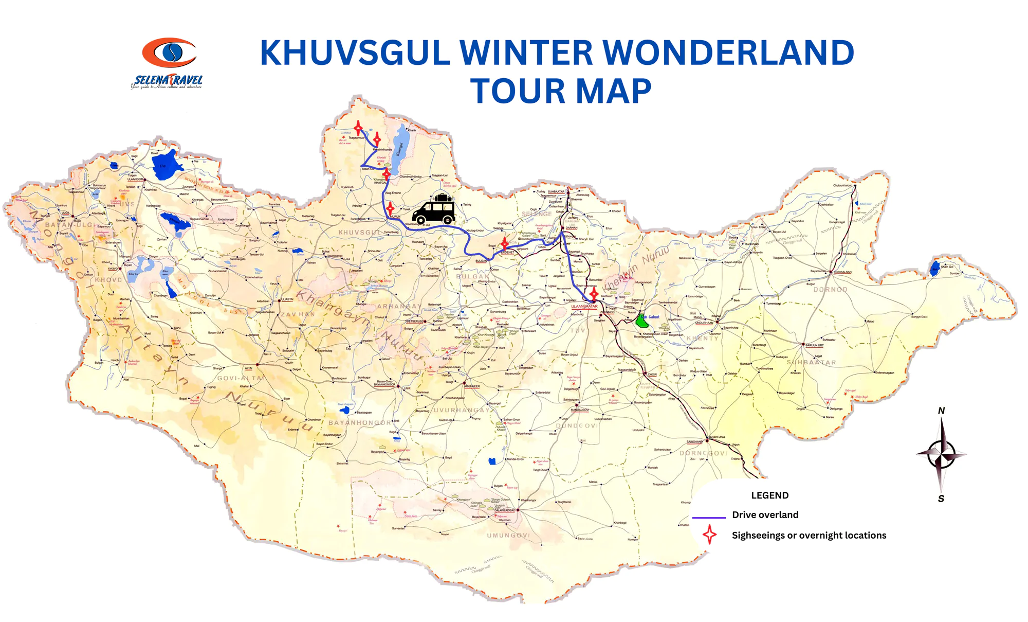 KHUVSGUL WINTER WONDERLAND TOUR MAP | Mongolia tour Winter tour